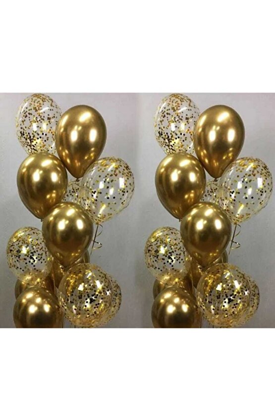 12 Krom Gold 12 Gold Konfetili Şeffaf Balon Set