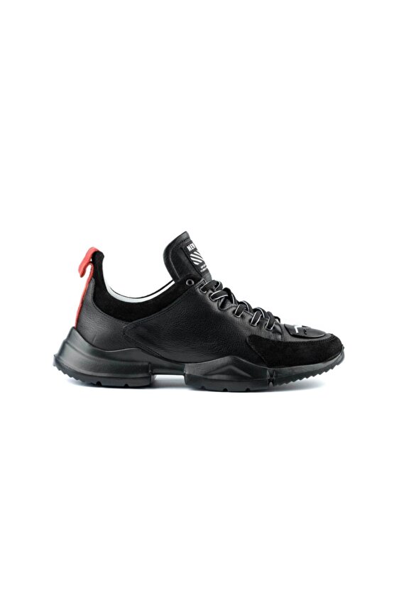 Süet Detaylı Siyah Deri Sneaker Ayakkabı