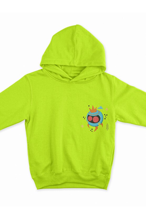 Canavar Baskılı Tasarım 3 Iplik Kalın Neon Sarı Hoodie Sweatshirt
