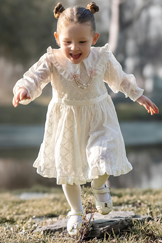 Kız Bebek Elbise Kız Çocuk Elbise Doğum Günü Parti Düğün Elbise Uzun Kol Astarlı Dantelli Bebek Giyi