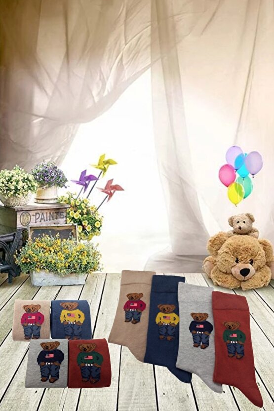 (4 ÇİFT) Teddy Bear Pamuklu Çorap Seti Dikişsiz (SEVİMLİ AYICIK)