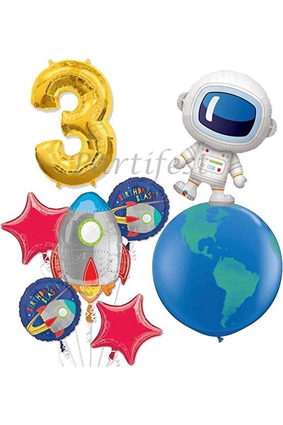 Uzay Kozmik Galaksi Astronot Roket 3 Yaş Balon Set Yıldız Balon Folyo Set Konsept Doğum Günü Set