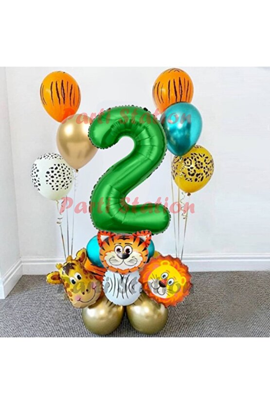 Safari Parti Balon Seti 2 Yaş Safari Jungle Konsept Doğum Günü Balon Karşılama Set Yeşil Rakam Balon