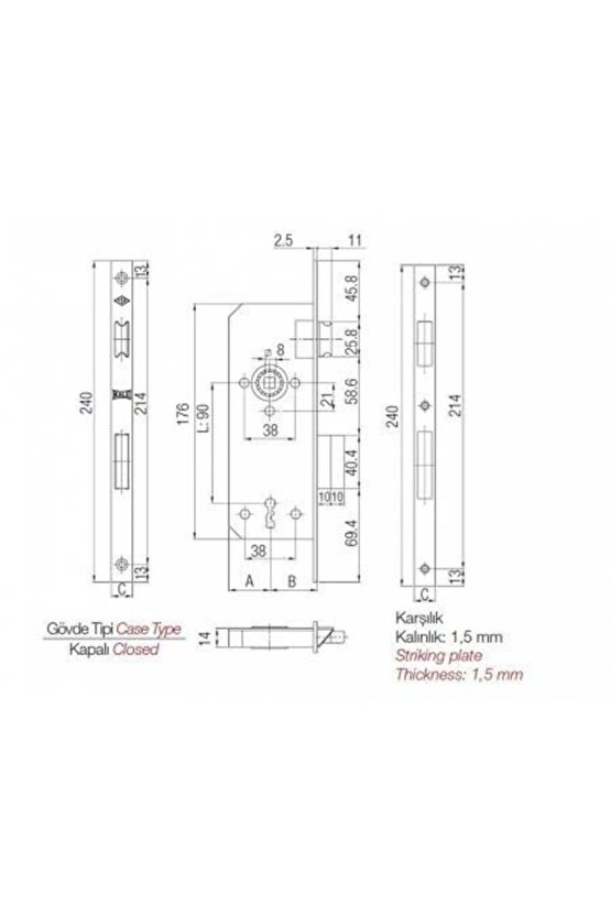 Kale-pvc Için Iç Kapı Gömme Kilidi (geniş Tip) 151 Rp - 764