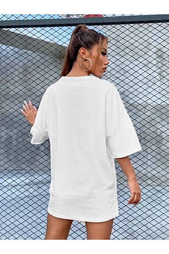 Oversize Unisex Beyaz Kuşlu Mor Kelebek Tshirt