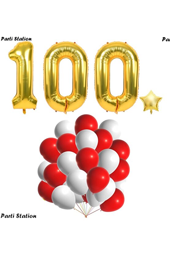 Cumhuriyetin 100. Yılı Balon Set Altın Renk 100 Rakam Balon Set 29 Ekim Kırmızı Beyaz Balon 100 cm