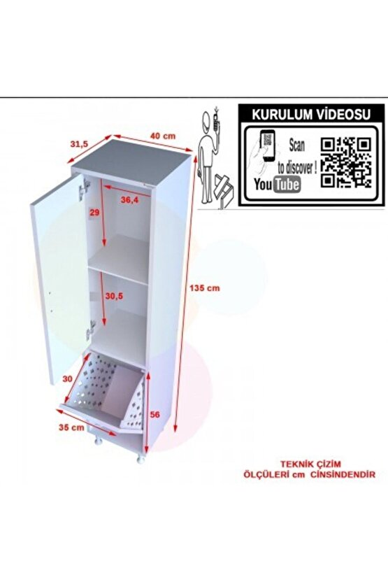 FORESTA 40x135 cm Çamaşır Sepetli Dolap, Banyo Düzenleyici Detarjan Temizlik Havlu Dolabı