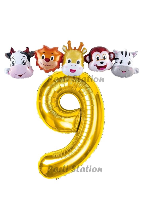 Altın Renk Rakam Balonlu Safari 9 Yaş Doğum Günü Parti Balon Set Safari Hayvanlar Tema Parti