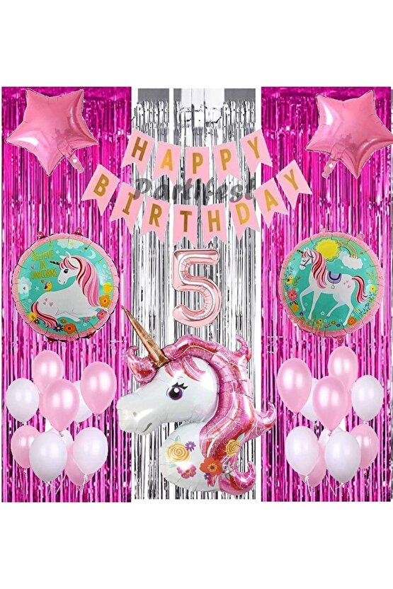 Pembe Unicorn Konsept 5 Yaş Balon Set Gökkuşağı Unicorn Doğum Günü Yaş Balon Set