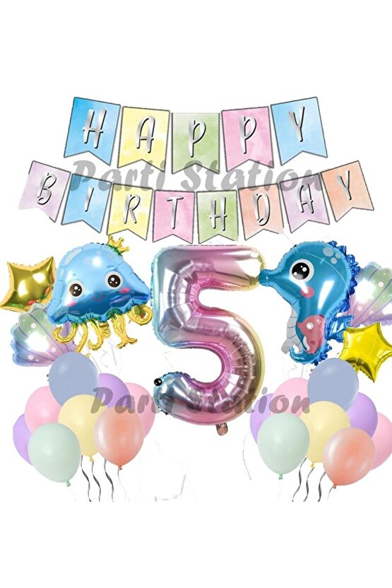 Okyanus Hayvanları Deniz Canlıları 5 Yaş Balon Set Deniz Anası Deniz Atı Happy Birthday Balon Set