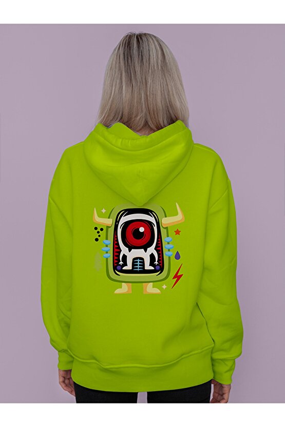 Monster Uzaylı Arkası Baskılı Tasarım 3 Iplik Kalın Neon Sarı Hoodie Sweatshirt