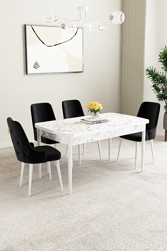 Mabel Beyaz Mermer Desen 80x132 Mdf Açılabilir Mutfak Masası Takımı 4 Adet Sandalye