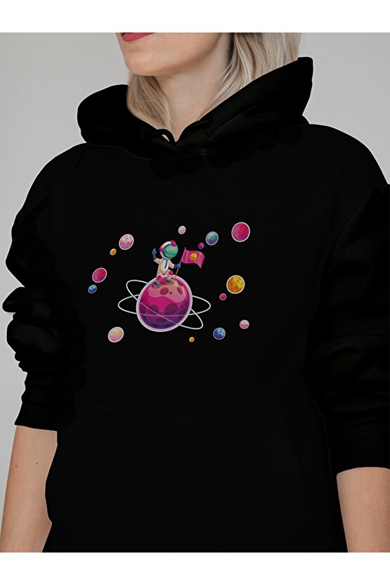 Uzay Baskılı Tasarım 2 Iplik Şardonlu Siyah Hoodie Sweatshirt