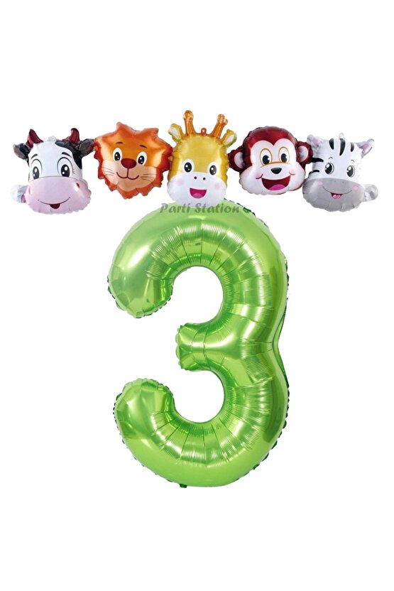 Yeşil Renk Rakam Balonlu Safari 3 Yaş Doğum Günü Parti Balon Set Safari Hayvanlar Tema Parti