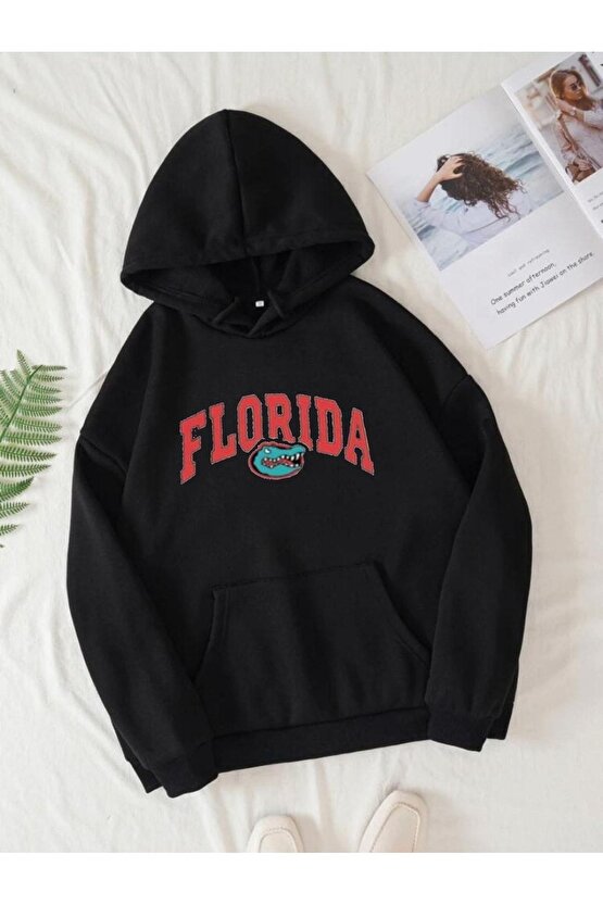 Kapşonlu Oversize Florida Baskılı Siyah Sweatshirt