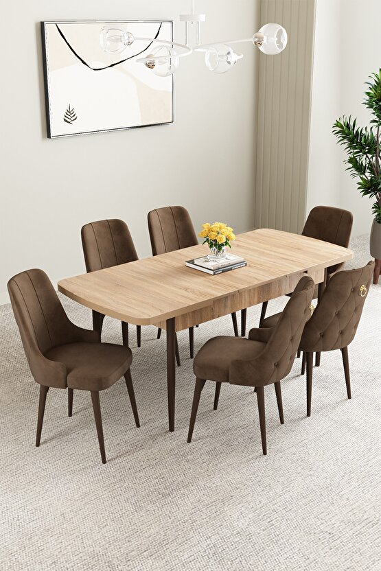 Clara Meşe Desen 80x132 Açılabilir Mutfak Masası Takımı 6 Adet Sandalye