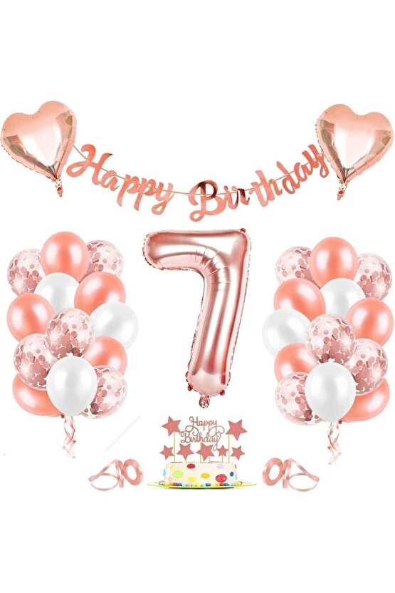 Rose Gold 7 Yaş Folyo Balon Seti Ve Happy Birthday Banner Rosegold Doğum Günü Parti Seti