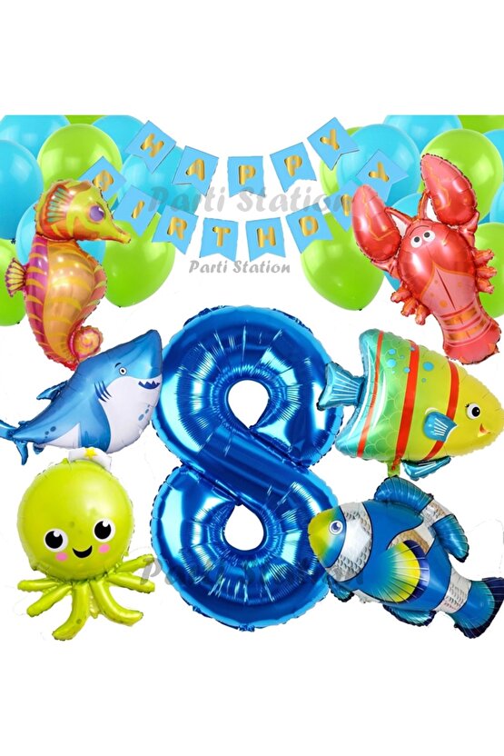 Büyük Boy Balonlu Okyanus Hayvanları 8 Yaş Doğum Günü Balon Set Deniz Canlıları Balon Set