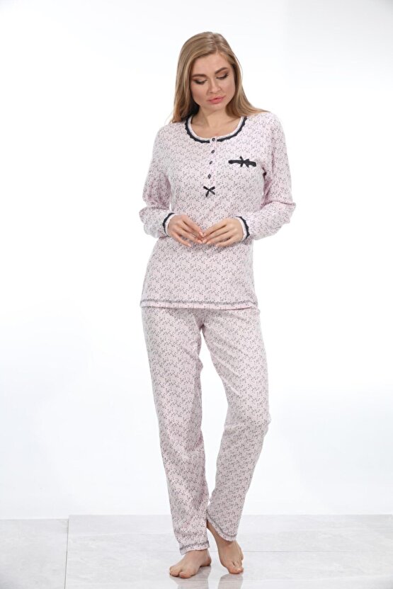 98163 Ribana Pamuklu Uzun Kol Kadın Pijama Takımı Desenli