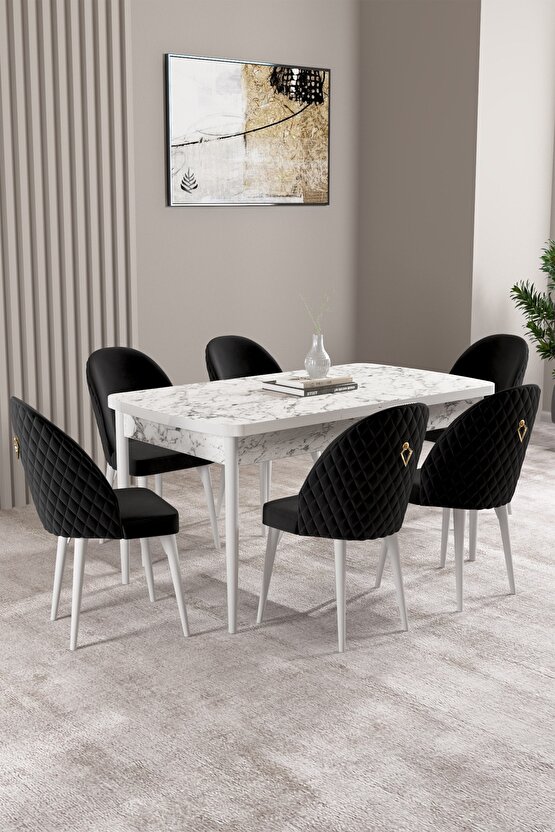 Milas Beyaz Mermer Desen 80x132 Mdf Açılabilir Yemek Masası Takımı 6 Adet Sandalye