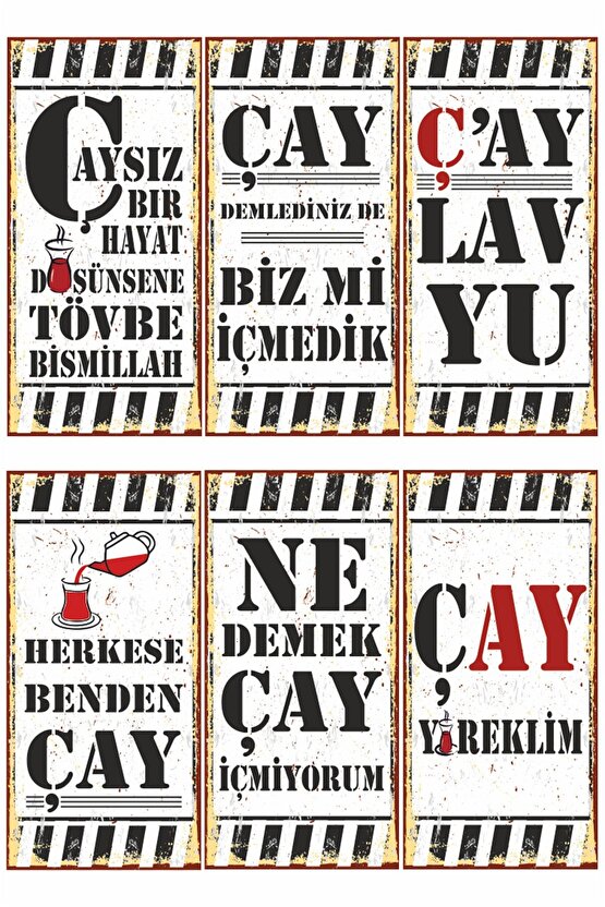 Çay Sözleri Duvar Yazıları Mutfak Kafe Bar Dekorasyon 6lı Mini Retro Ahşap Poster Seti