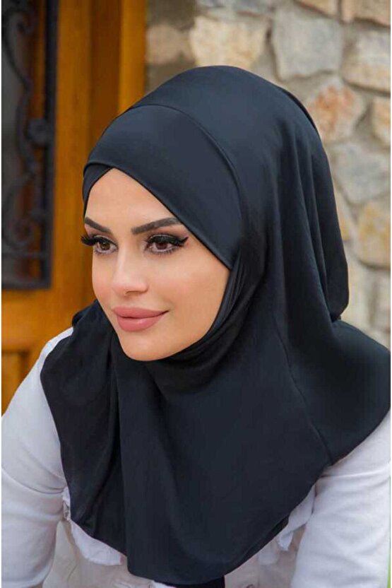 Siyah Çapraz Bantlı Medium Size Hijab - Hazır Şal