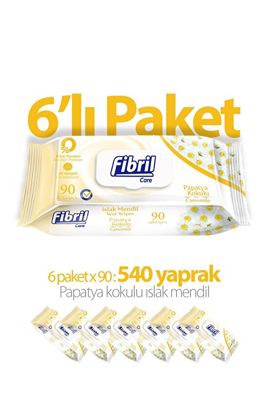 Papatya Kokulu Islak Mendil 6x90 Lı Paket 540 Yaprak.