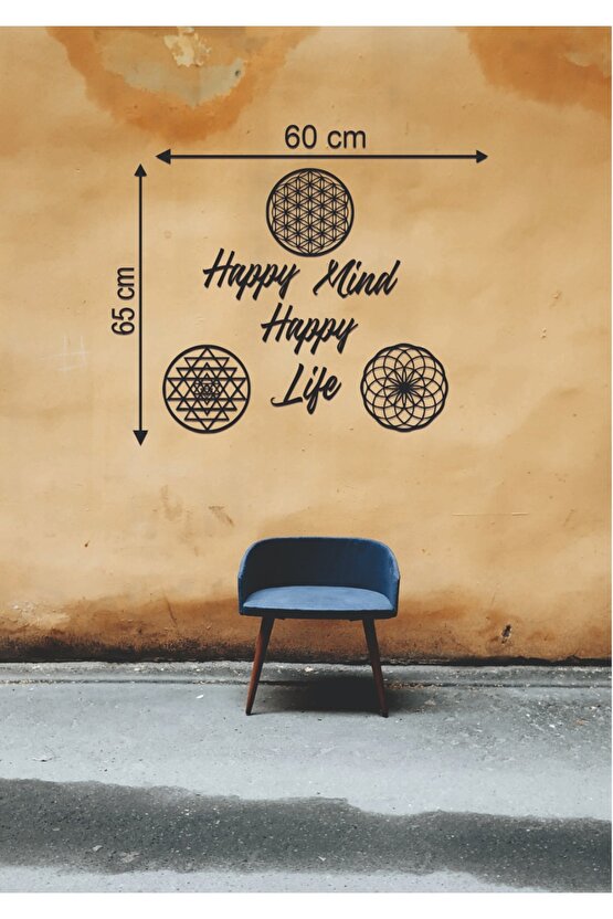65*60 Cm Happy Mind Happy Life Ahşap Duvar Yazısı