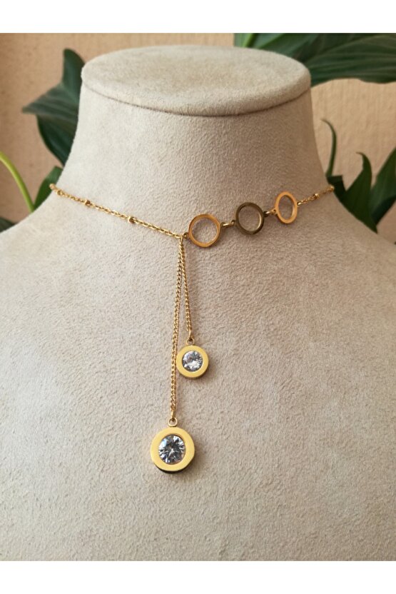 ZENGER BİJOUTERİE Yuvarlak Tasarim Ince Gold Zincirli Cifte Salinti Kaliteli Paslanmaz Celik Kolye Stainless Stell BH11658