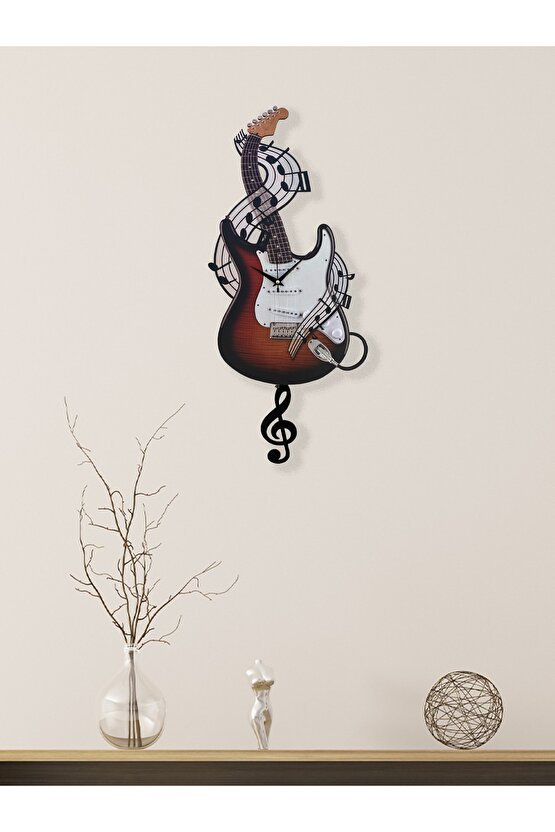 Elektro Gitar Dekoratif Sarkaçlı Duvar Saati