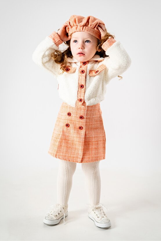 Kız Çocuk Kız Bebek Hırkalı Şapkalı Etekli Welsoft Peluş Oduncu Üçlü elbise takım