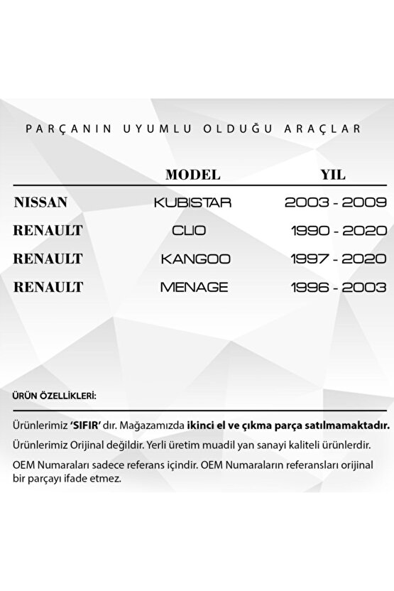 Renault Clio, Nissan Kubistar Için Uyumlu Viraj Uç Lastik Tamir Takımı