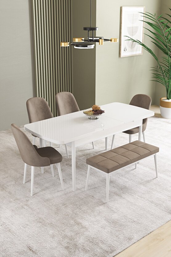 Ikon Beyaz 80x132 Mdf Açılabilir Yemek Masası Takımı 4 Sandalye, 1 Bench