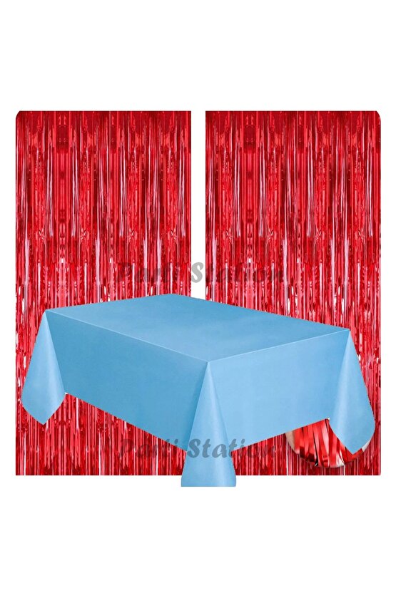 2 Adet Kırmızı Renk Metalize Arka Fon Perdesi ve 1 Adet Plastik Mavi Renk Masa Örtüsü Set