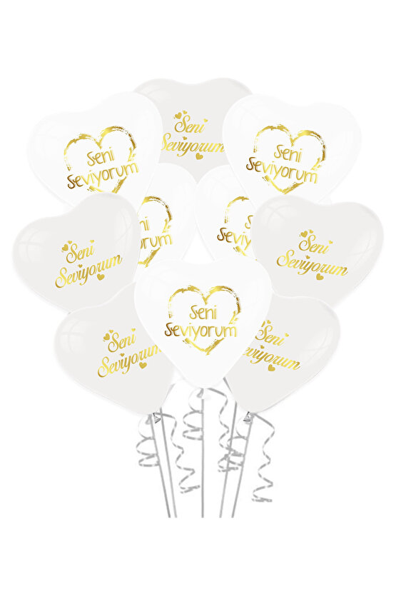 Sevgililer günü beyaz kalp seni seviyorum gold baskılı latex balon 5 adet