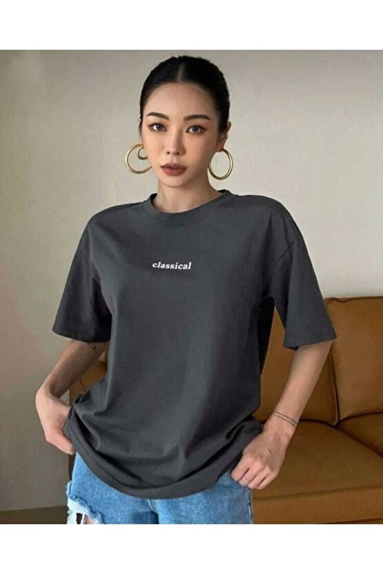 Kadın Oversize Classical Baskılı Antrasit Tshirt