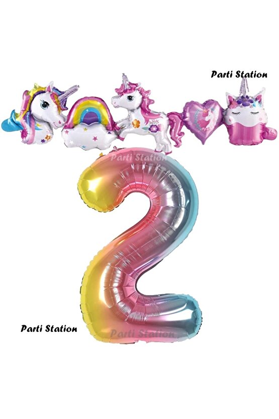 Renkli Gökkuşağı Renk Rakam Balonlu Unicorn 2 Yaş Doğum Günü Parti Balon Set Unicorn Tema Parti Seti