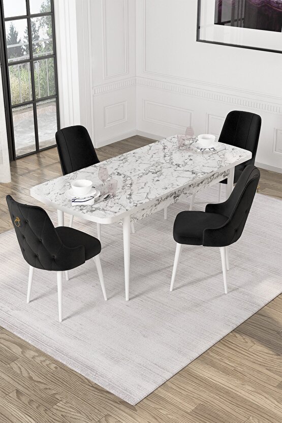 Rovena Alya Beyaz Mermer Desen 80x132 Açılabilir Mdf Yemek Masası Takımı 4 Adet Sandalye BH11070
