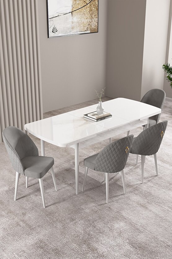 Milas Beyaz 80x132 Mdf Açılabilir Yemek Masası Takımı 4 Adet Sandalye