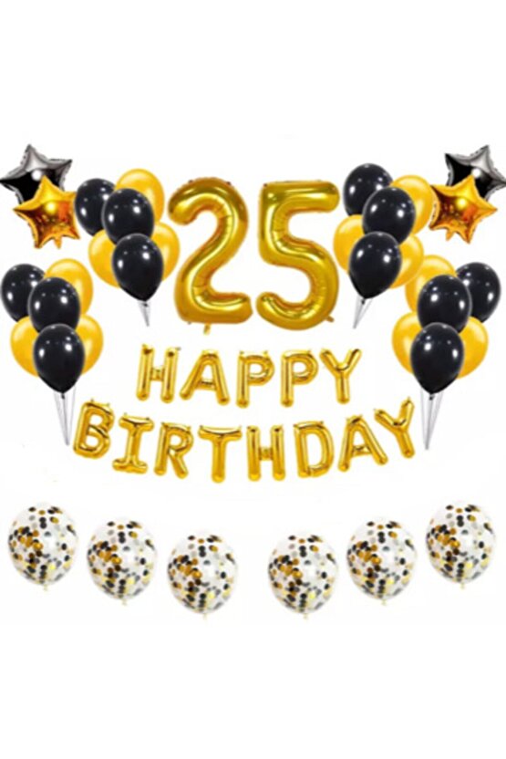 25 Yaş Konfetili Balon Doğum Günü Seti Gold Siyah