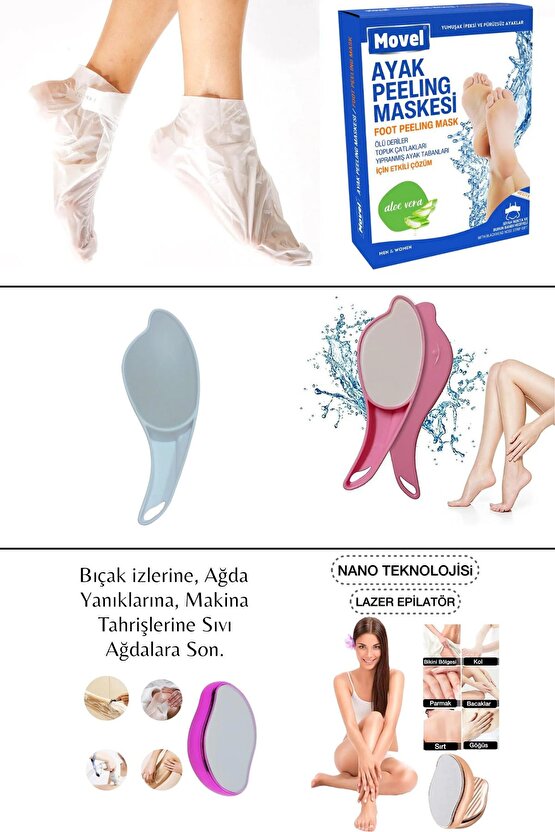 Ayak Peeling Maskesi Çorabı Sihirli Kristal Epilatör Tüy Alma Silgisi Alıcı Topuk Törpüsü 3lü Set