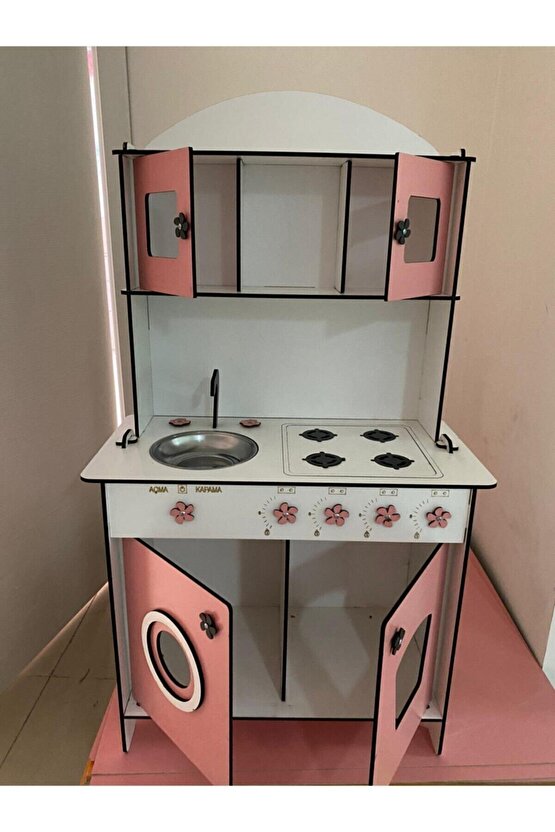Büyük Boy Ahşap Oyuncak Mutfak Seti, 6.4mm 106x60cm, Montessori Mutfak, Çamaşır Makinalı