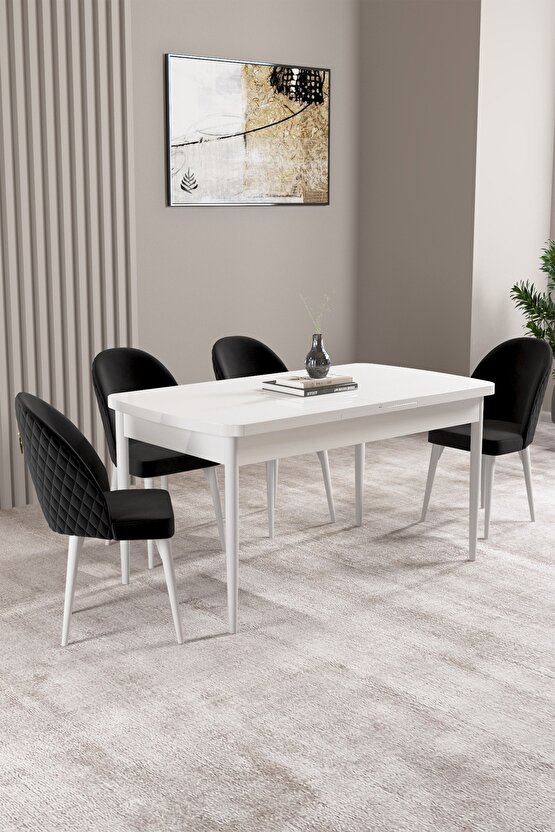 Milas Beyaz 80x132 Mdf Açılabilir Mutfak Masası Takımı 4 Adet Sandalye