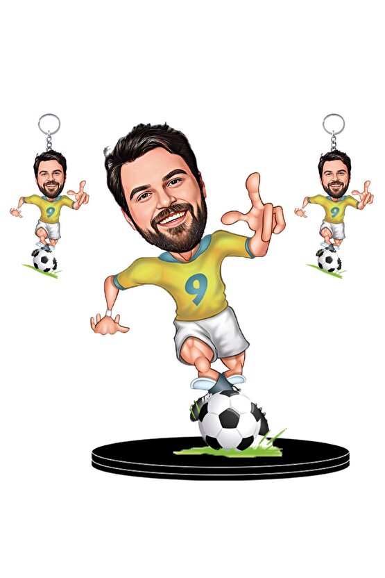Kişiye Özel Futbolcu Bay Figürlü +2 Adet Anahtarlık Hediyeli 3D Ahşap Biblo,Sevgiliye Hediye