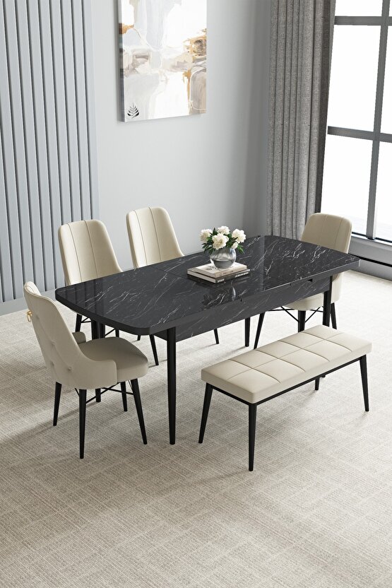 Siyah Mermer Desen 80x132 Açılabilir Mutfak Masası Takımı 4 Sandalye, 1 Bench