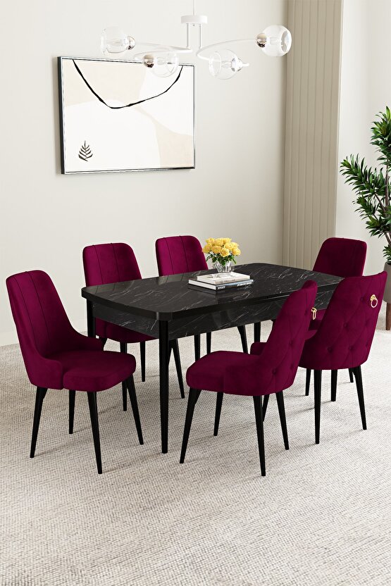 Clara Siyah Mermer Desen 80x132 Açılabilir Mutfak Masası Takımı 6 Adet Sandalye