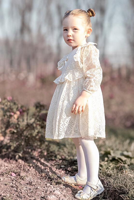 Kız Bebek Elbise Kız Çocuk Elbise Doğum Günü Parti Düğün Elbise Uzun Kol Astarlı Dantelli bebek giyi