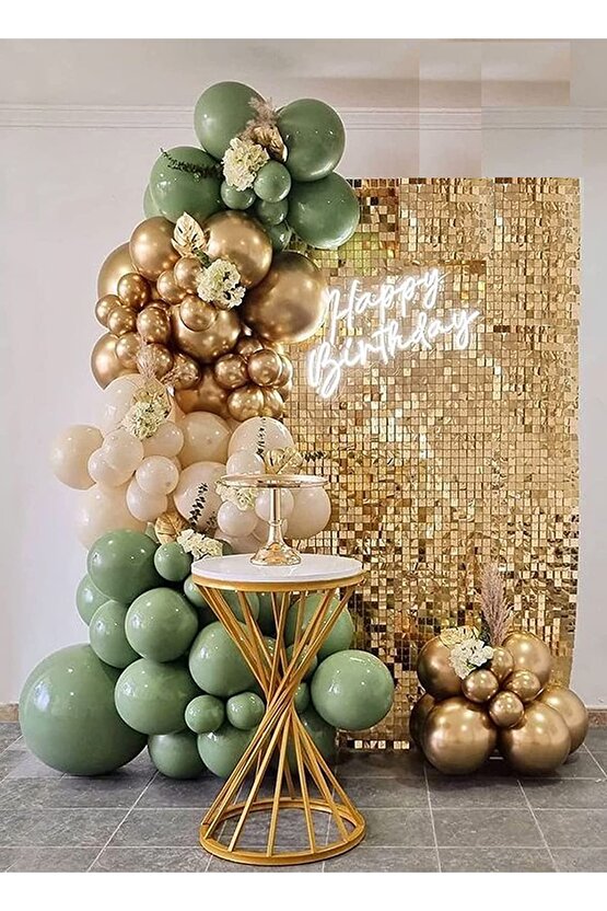 30 Küf Yeşili 15 Krom Gold 15 Deniz Kumu Pastel Ten Rengi Doğum Günü Ve Nişan Balon Zinciri Set