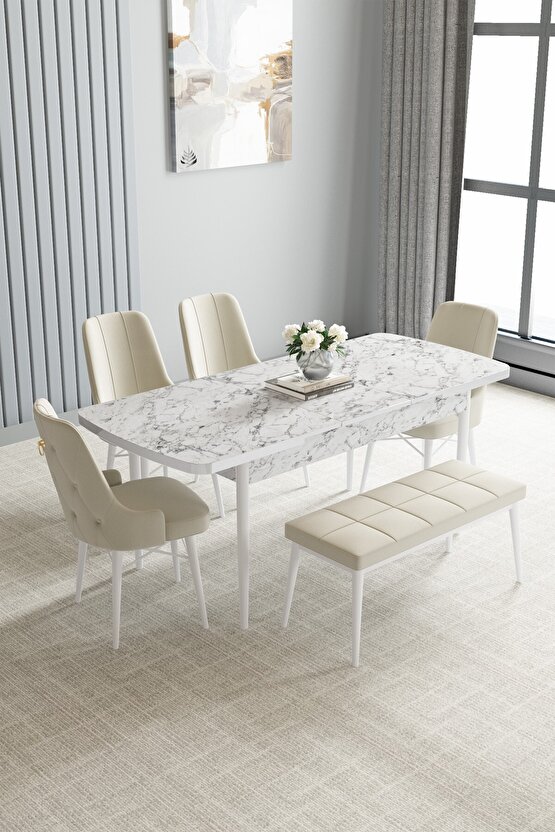 Beyaz Mermer Desen 80x132 Açılabilir Mutfak Masası Takımı 4 Sandalye, 1 Bench
