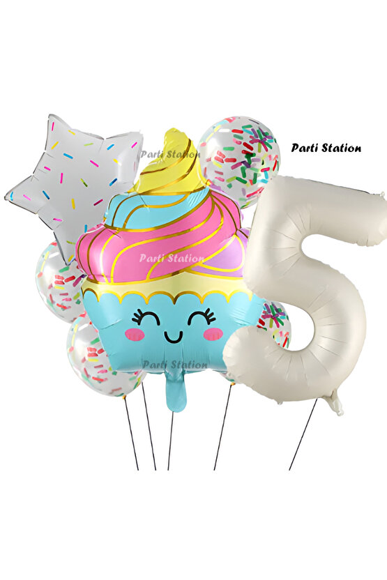 Dondurma Cupcake Konsept 5 Yaş Doğum Günü Balon Set İce Cream Cupcake Şef Tema Doğum Günü Balon Set